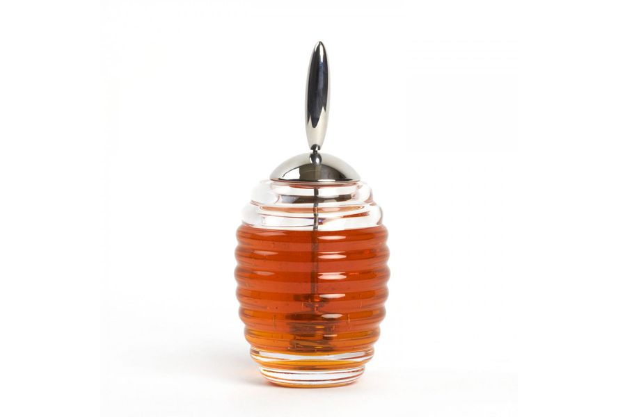 Contenitore per miele in cristallo con dosatore e coperchio in acciaio